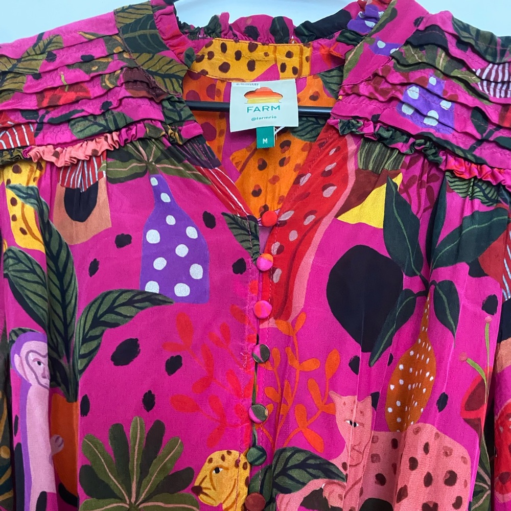 FARM RIO Pop Leopards Long Sleeves Dress Pink Viscose Sz M - Picture 9 of 16